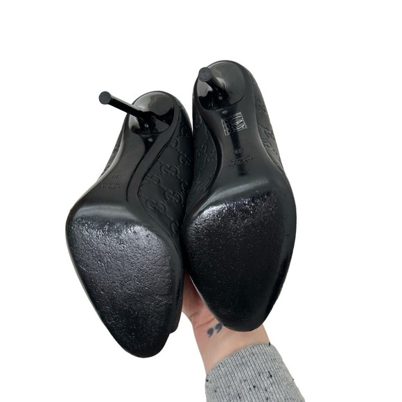 Gucci Size 9/39 Guccissima Black Leather Logo Open Toe Pumps - Picture 5 of 8